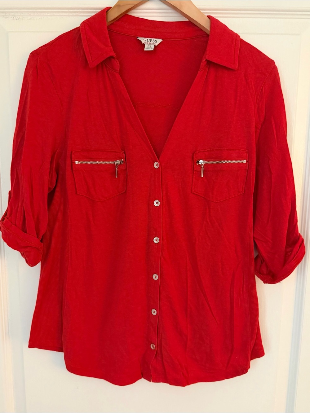 GUESS Red Button-Front Blouse with Zip Pocket Detail
